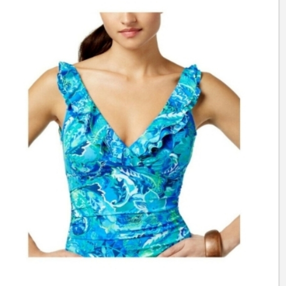 Ralph Lauren Tummy Control Printed one piece swimsuit, blue floral, size 4 - Picture 2 of 2
